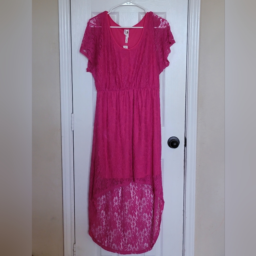 Espresso short sleeve high low lace dress, XL, pink